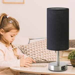 Bedside Lamp with USB Port - Touch Control Table Lamp for Bedroom Wood 3 Way Dimmable Nightstand Lamp with Round Black Shade for Living Room, Dorm, Home Office (LED Bulb Included) (Blacl2)