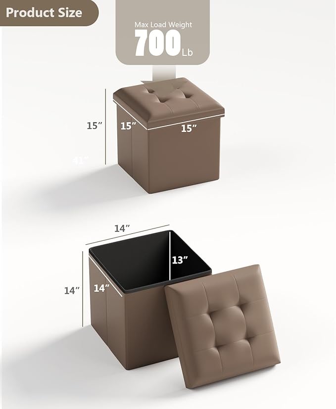 15 Inches Small Folding Storage Ottoman Cube, Storage Footrest, Foot Rest Stool, for Living Room, Bedroom, Dorm, Hallway, Entryway, Brown