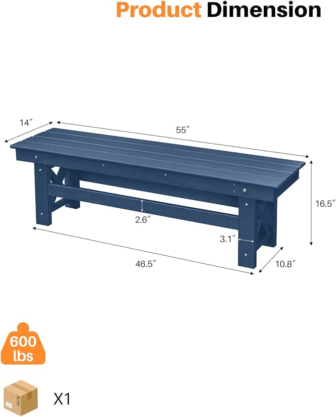 HDPE Outdoor Bench, 55" Patio Bench Outdoor Furniture, Poly Lumber Adirondack Benches, All Weather HDPE Garden Backless Benches for Park, Poolside, Deck, Porch, Navy