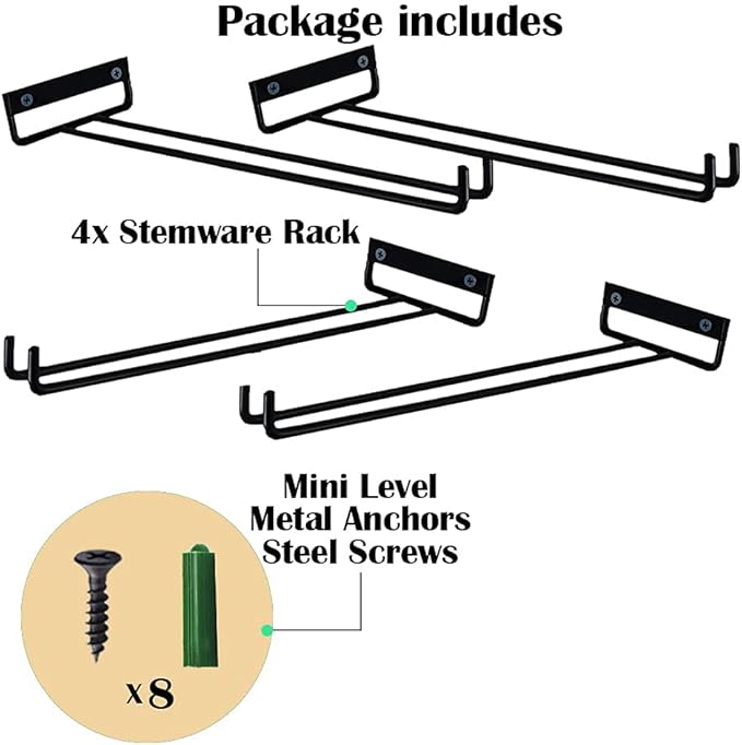4 Packs 12 Inch Wine Glass Racks Cup Wall Mounted Stemware Hanging Wine Glasses Holder Under Cabinet Wire Wine Decor Racks