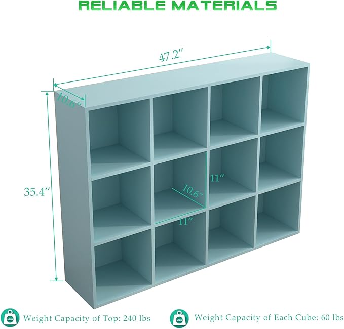 12-Cube Storage Shelf Bookcase - Wooden 3-Tier Floor Standing Open Bookshelf for Home and Office, Display Cabinet, Light Blue
