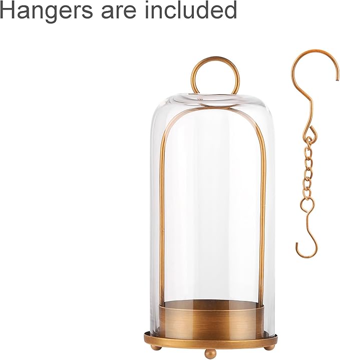 12" High Versatile Modern Metal Hurricane Lantern with Handmade Sturdy Glass Dome for 3" Pillar Candle & Plants (Brass, 5"x12")