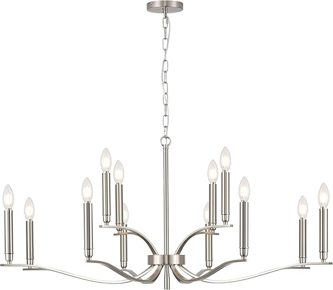12 Light Nickel Living Room Chandelier High Ceiling Foyer Candle Chandelier Large Modern 44in Metal Chandeliers Hanging Light for Master Bedroom Dining Room Light Fixture Over Table