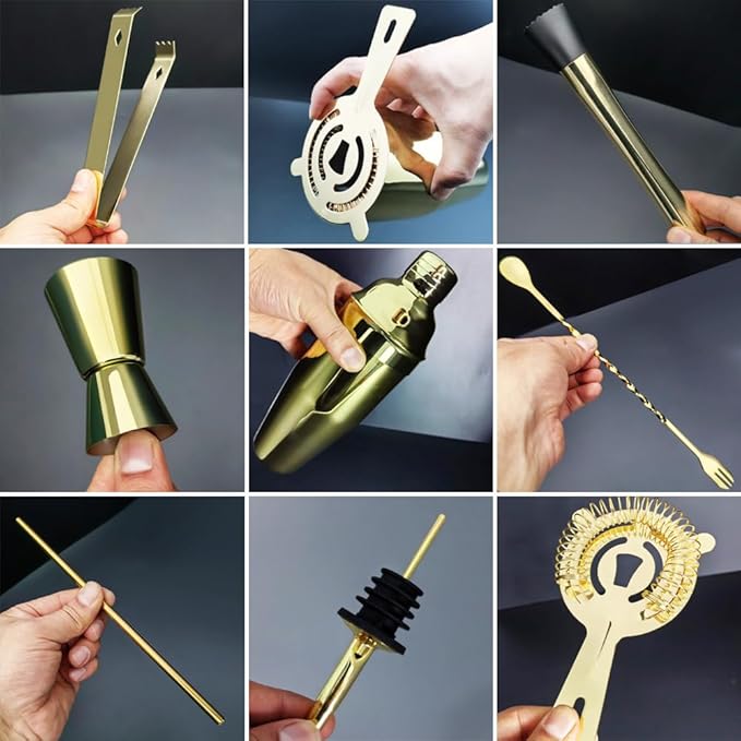 14-Piece Cocktail Shaker Set Bartender Kit with Black Stand, Bar Tool Set for Drink Mixing Bartending Kit Bar Sets Accessories: 750ml(25oz) Shaker, Jigger, Muddler, Cocktail Recipes (Gold)