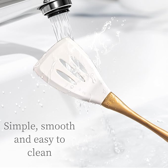 Heat-Resistant Silicone Kitchen Spatula Set – Non-Toxic Cooking Utensils with Solid & Slotted Designs –Food Grade Silicone and Stainless Steel Handles –Ideal for Nonstick Cookware, Gold