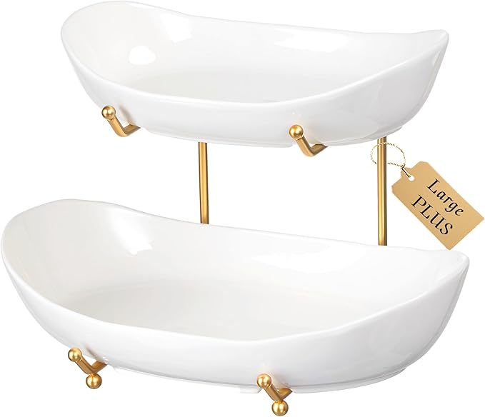 HBlife Extra Large Fruit Basket for Kitchen Counter - 2 Tier Ceramic Fruit Bowl with Metal Stand, Bathroom Countertop Organizer, Tiered Serving Trays for Party