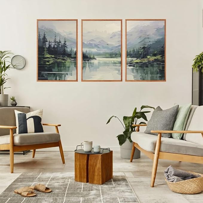 Aurlan Emerald Green Mountain Lake Landscape Framed Wall Art(16"x24"), 3PCS Abstract Forest Nature Canvas Artwork, Large Minimalist Watercolor Modern Pine Trees Scenery Decor for Office Home