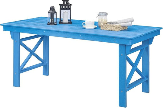 HDPE Outdoor Dining Table, 66.9” Rectangle Patio Dining Table for 6, All-Weather HDPE Outdoor Table with 2.2” Umbrella Hole, HDPE Patio Furniture for Deck, Backyard, Garden, Pool, Sky Blue