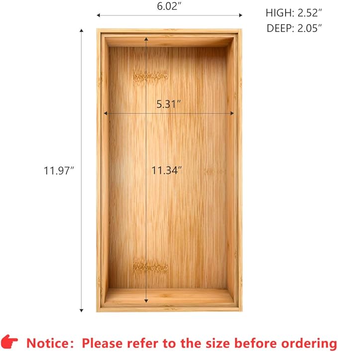 Bamboo Kitchen Drawer Organizer,Stackable Silverware Tray Utensil Organizer Cutlery Holder for Kitchen,Wooden Storage Box for Bathroom, Multi-Use Drawer Organizer for Office,Makeup(12x6x2.5 inch)