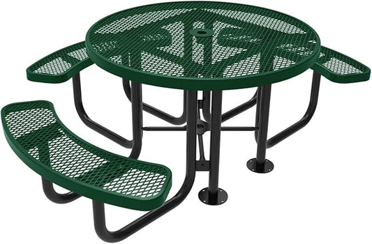 Heavy-Duty Portable Outdoor Picnic Table with Umbrella Hole, Expanded Metal Patio Dining Furniture Made in America (46" Round Top, Green)