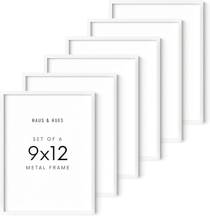 HAUS AND HUES 9x12 White Metal Picture Frames - Features Premium Aluminum, Vertical & Horizontal Hang, Shatterproof Plexiglass - Perfect for Home, Room, Office (9x12 in, White, Set of 6)