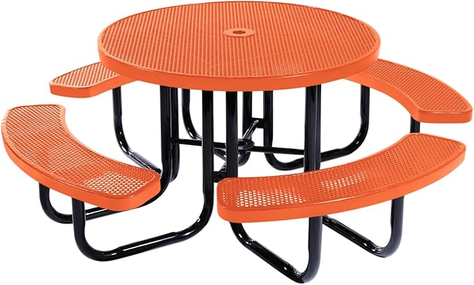 Heavy-Duty Portable Outdoor Picnic Table with Umbrella Hole, Punched Steel Commercial-Grade Patio Dining Furniture Made in America (46" Round Top, Textured Orange)