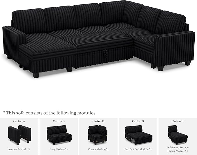 Belffin Corduroy Sleeper Sofa Bed with Storage Chaise Modular Sectional Sofa Couch with Pull Out Bed L Shaped Sectional Couches for Living Room Black Couch