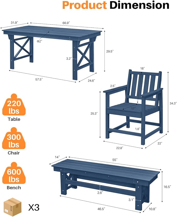 HDPE Outdoor Dining Set of 6, Patio Dining Table Set with 4 Chairs and 1 Bench, 6 Pieces HDPE Dining Set with Umbrella Hole, Outdoor Furniture Sets for Deck, Poolside, Garden, Navy