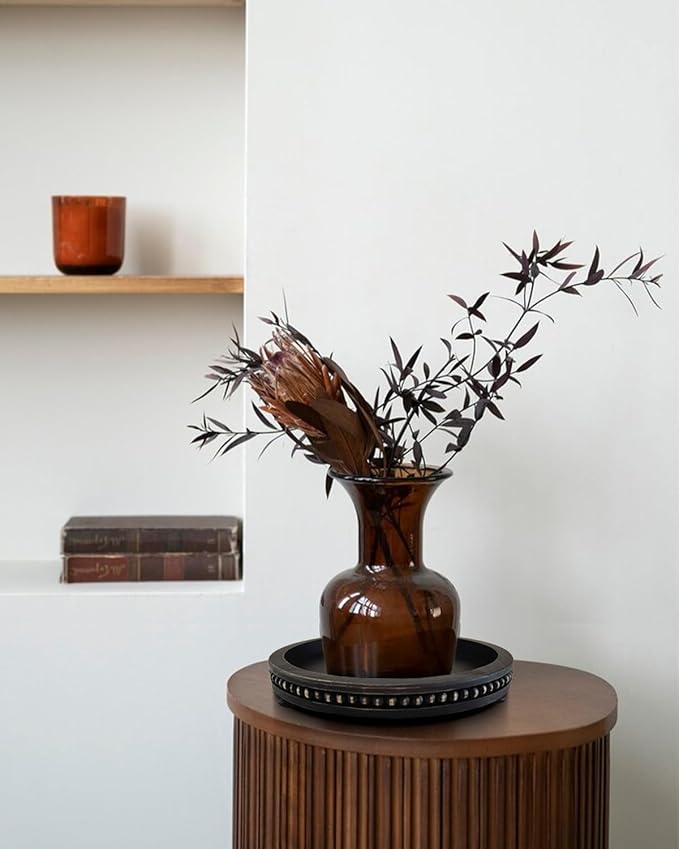 12 Inches Rustic Wooden Decorative Tray, Small Round Beaded Wood Tray for Kitchen Dinning Table Centerpiece Decor Entryway Living Room Home Decor, Black