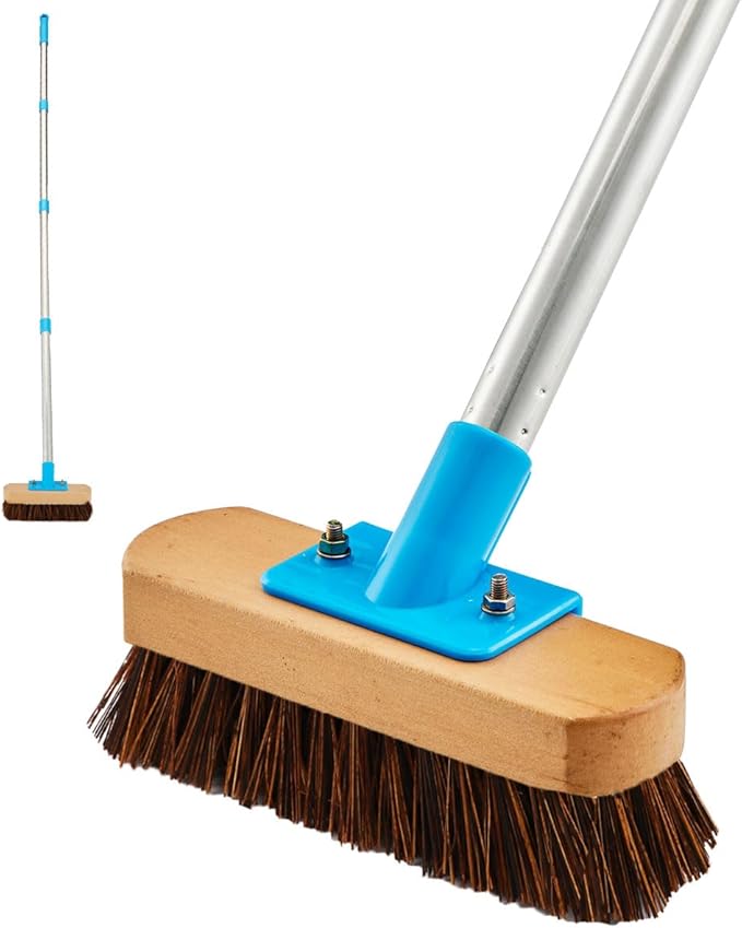 Heavy Duty Deck Brush with Long Handle - 60" Floor Scrub Brush with Stiff Natural Palmyra Bristles, Outdoor Scrubber Brushes for Cleaning Rough Surface, Concrete Floor, Patio, Garden, Sidewalk