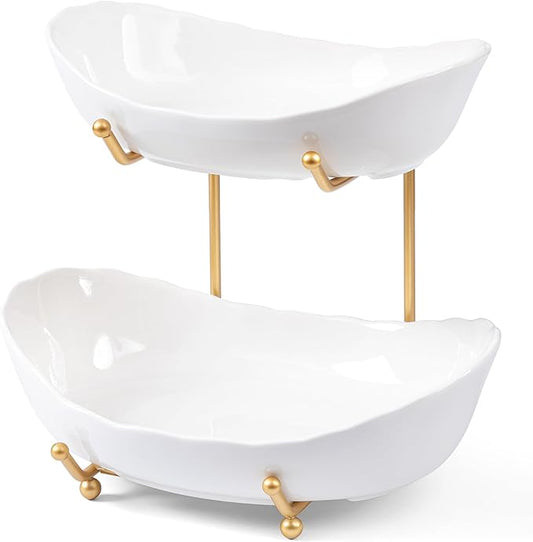 HBlife Fruit Bowl for Kitchen Counter - 2 Tier Fruit Basket with Metal Stand, Ceramic Fruit Holder for Fruit Vegetable Storage, Serving Platters Serving Trays for Party