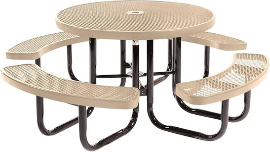Heavy-Duty Portable Outdoor Picnic Table with Umbrella Hole, Expanded Metal Commercial-Grade Patio Dining Furniture Made in America (46" Round Top, Tan)