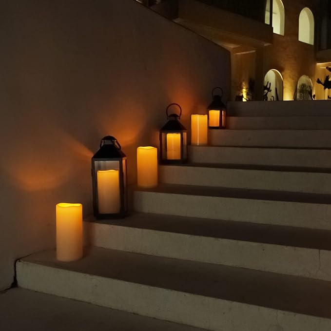 5plots 4" x 8" Single Waterproof Outdoor Flameless Candles, Battery Operated Flickering LED Pillar Candles with Remote and Timers for Indoor Outdoor Lanterns, Long Lasting, Large