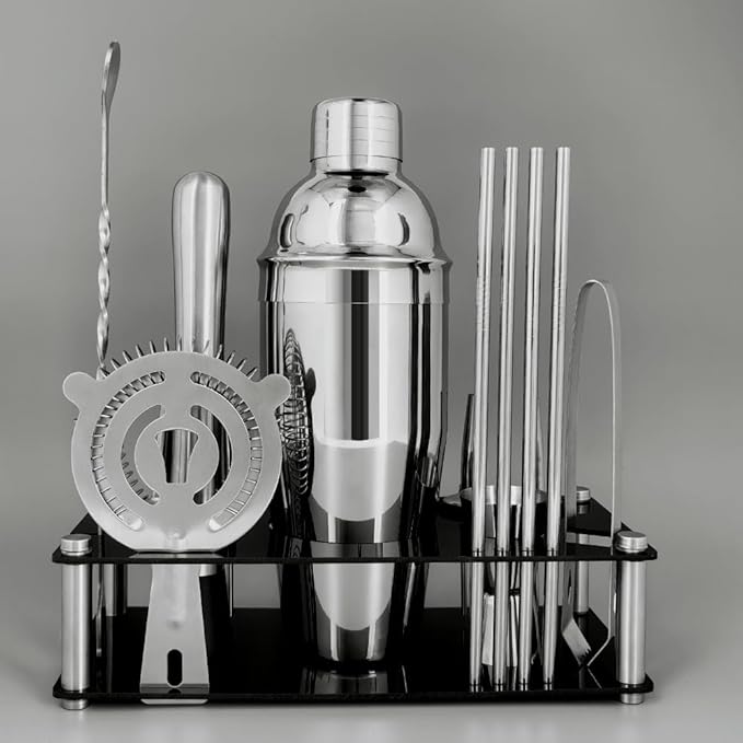 14-Piece Cocktail Shaker Set Bartender Kit with Black Stand, Bar Tool Set for Drink Mixing Bartending Kit Bar Sets Accessories: 750ml(25oz) Shaker, Jigger, Muddler, Cocktail Recipes (Silver)