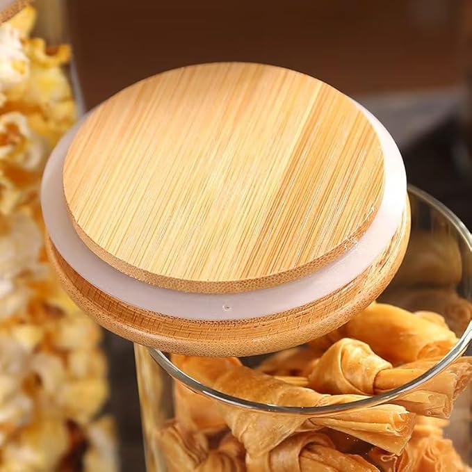 3 Pack Glass Jar with Airtight Bamboo Lid and White 132 Kichen Pantry Labels Preprinted - 56 Oz Clear Tall Glass Food Storage Containers set For Pasta Flour Cookie Rice