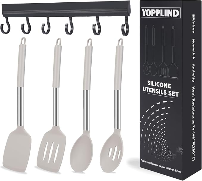 5-Piece Silicone Kitchen Tool Set, BPA-Free, Heat-Resistant, Non-Stick & Dishwasher-Safe, with Slotted/Solid Spoons & Spatulas for Frying, Mixing, Draining – Includes Multi-Purpose Serving Hook(Khaki)