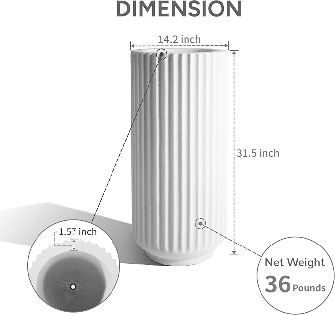 31.5 Inch Tall Roman Column Concrete Planter(14.2Dx31.5H,36 Pounds),Durable All-Weather Use with Drainage Holes,Large Tall Round Planter for Outdoor Indoor Plants