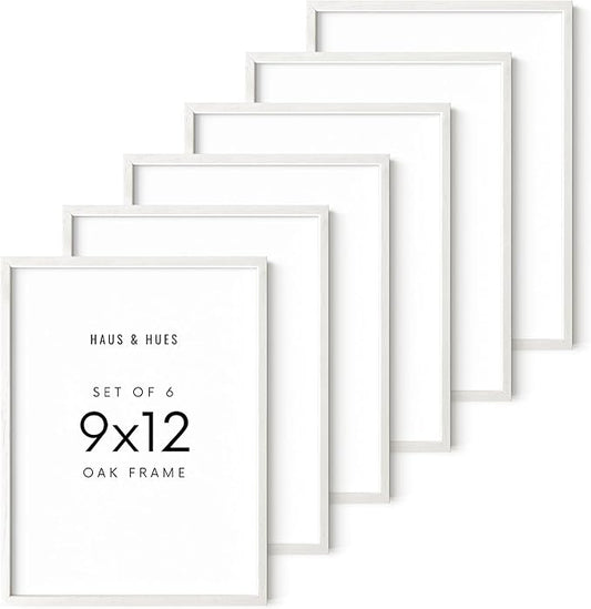 HAUS AND HUES Set of 6 9 X 12 Picture Frames for Wall - 9x12 Frame Collage, 9x12 Picture Frame Sets Wooden Frames, 12x9 Picture Frames in Bulk (White Oak Frame)