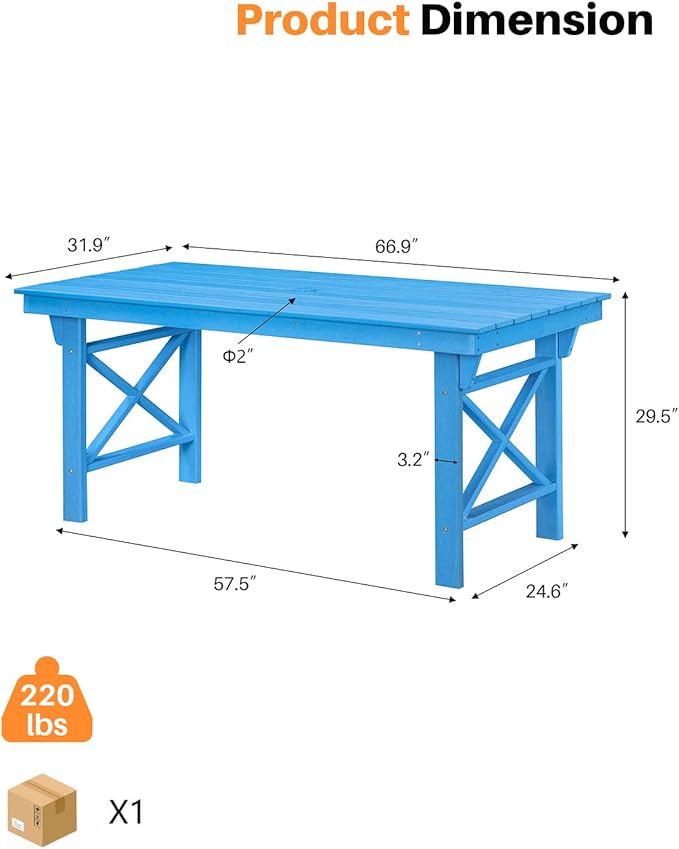 HDPE Outdoor Dining Table, 66.9” Rectangle Patio Dining Table for 6, All-Weather HDPE Outdoor Table with 2.2” Umbrella Hole, HDPE Patio Furniture for Deck, Backyard, Garden, Pool, Sky Blue