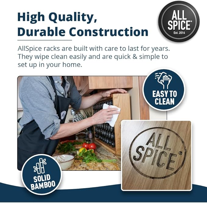AllSpice Spice Rack Organizer, Wood, 525 Unique Labels, Countertop or Wall Mount, Includes 60 4oz Jars- Walnut Stain