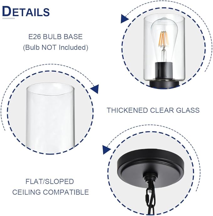 5-Lights Modern Chandelier with Clear Glass Shades, Black Farmhouse Pendant Lighting for Dining Room Kitchen Island Ceiling Light Fixture Haning Over Table