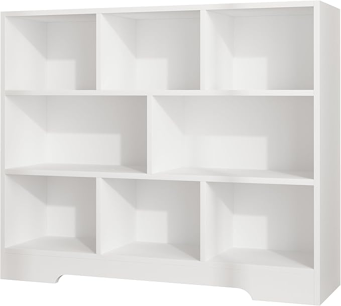 Book Shelf, 8 Cubes Storage Organizer, 3-Tier Open Shelf Wooden Bookcase, Freestanding White Bookshelf Cube Shelf for Bedroom, Living Room, Home Office
