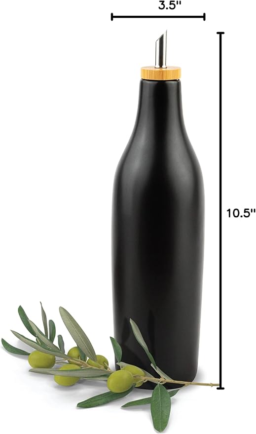 Black Ceramic Olive Oil Dispenser Bottle 16 Oz Container for EVOO or Vinegar, Kitchen Counter Design