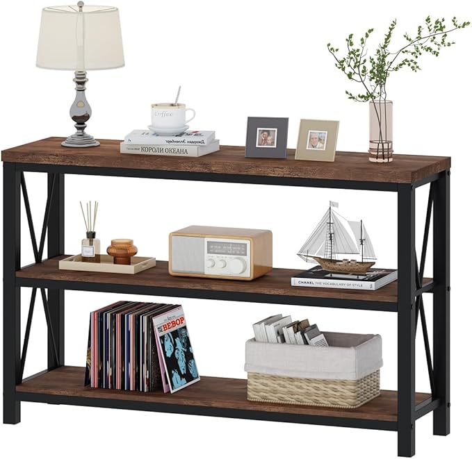 BON AUGURE Rustic Entryway Table, Farmhouse Hallway Table, Console Tables for Entryway, 3 Tier Sofa Tables for Living Room, Industrial Entry Table (47 Inch, Rustic Oak)