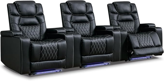 ANJ Power Home Theater Recliner Chair Set of 3, Electric Movie Theater Seating Reclining Chairs with Cup Holders for Living Room, Faux Leather with Blue LED, USB Ports, Hidden Arm Storage (Black)
