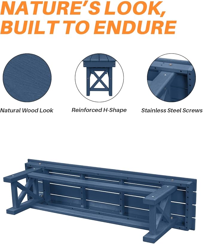 HDPE Outdoor Bench, 55" Patio Bench Outdoor Furniture, Poly Lumber Adirondack Benches, All Weather HDPE Garden Backless Benches for Park, Poolside, Deck, Porch, Navy