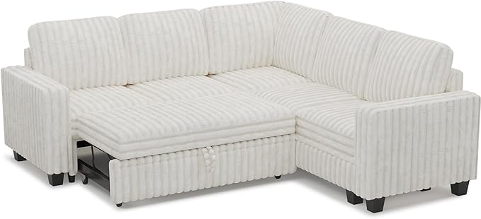 Belffin Plush Corduroy Modular Sectional Sofa with Pull Out Bed Convertible Small Sectional Corner Couch for Living Room White Couch