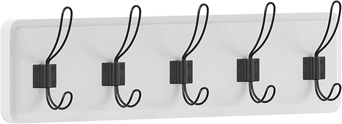HBCY Creations White Solid Wood Wall Mounted Coat Rack with Shelf, 5 Hooks, 24" Long - Kitchen, Mudroom, Entryway, Bathroom - Includes Mounting Hardware, Coat Hanger, Dog Leash Hooks, Towel Rack
