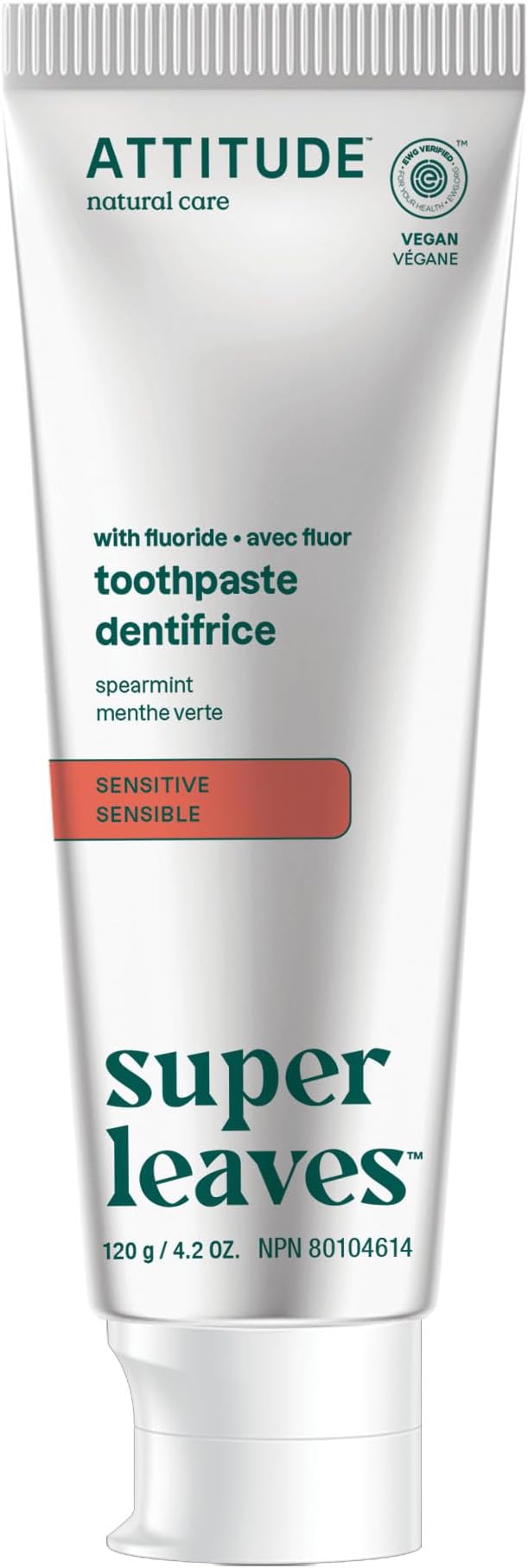 ATTITUDE Sensitive Toothpaste with Fluoride, Spearmint Flavor, Vegan & Cruelty-Free, Sugar-Free, Plant & Mineral-Based Ingredients, Clean Oral Care, 4.2 Oz