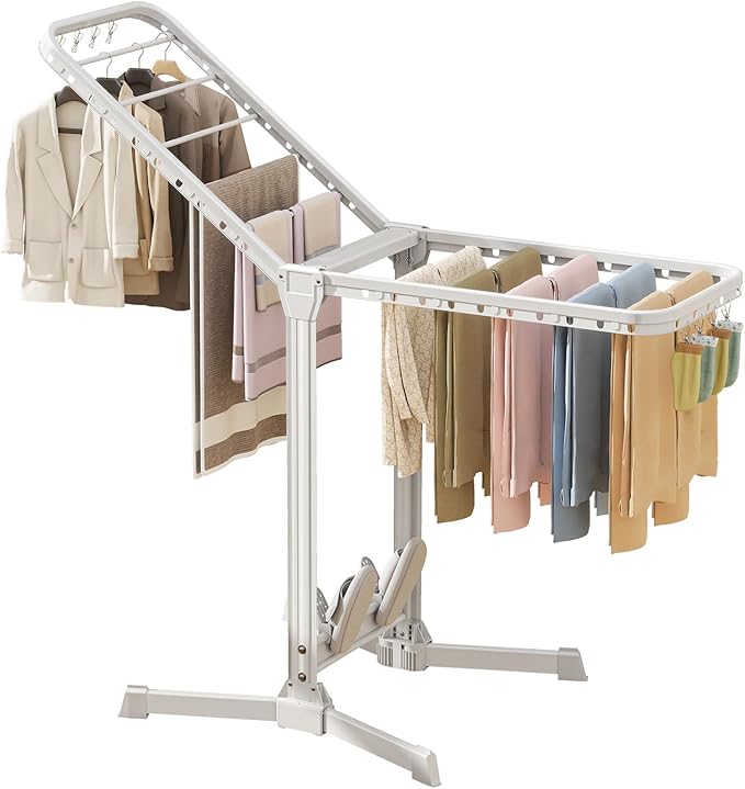 Heavy Duty Clothes Drying Rack Foldable, Aluminum Large Drying Rack Clothing with 2 Height-Adjustable Drying Wings, Laundry Racks for Drying Clothes,Easy to Fold,Indoor Outdoor Use