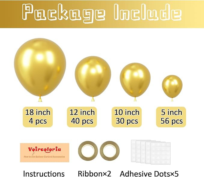 130pcs Metallic Gold Balloons Different Sizes 18" 12" 10" 5" Party Latex Balloons for Birthday Graduation Baby Shower Wedding Anniversary New Year Party Decorations