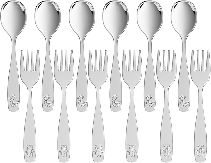12 Pieces Toddler Utensils, Kids Stainless Steel Silverware Set - 6pcs Forks and 6pcs Spoon, Cute Children Flatware Sets with Mirror Polished, Self Feeding Safe, Dishwasher Safe
