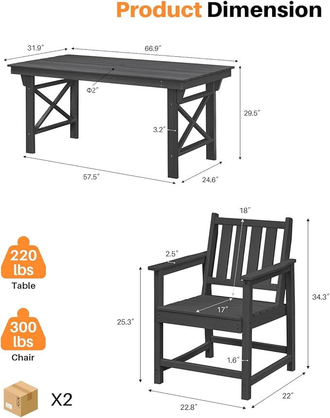 HDPE Patio Dining Set, 5-Piece Outdoor Table and Chairs with Umbrella Hole, Modern Outdoor Dining Set for 4, HDPE Outdoor Patio Furniture Dining Sets for Deck, Poolside, Porch, Obsidian