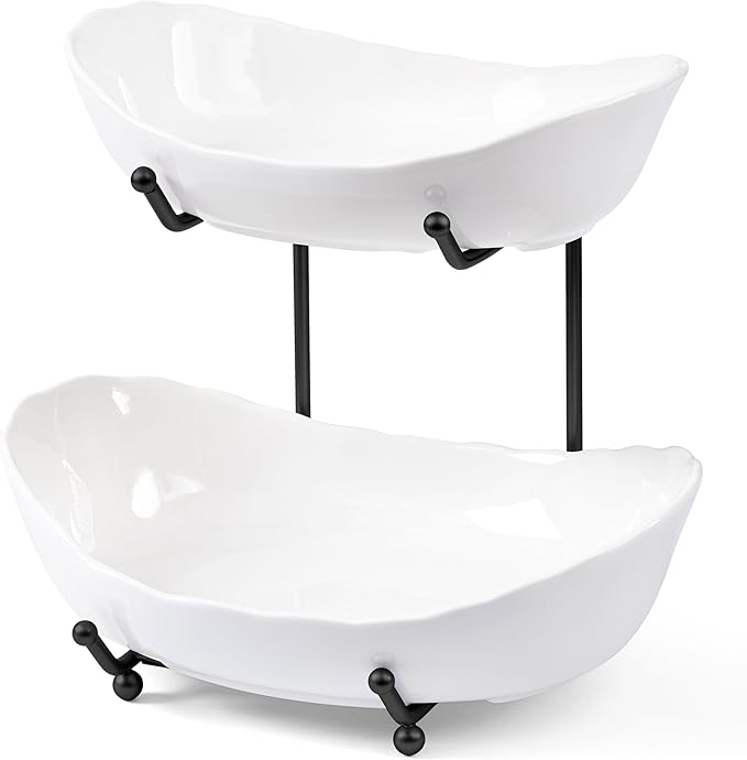 HBlife Fruit Bowl for Kitchen Counter - 2 Tier Ceramic Fruit Rack, Fruit Basket for Fresh Fruit&Veggies, Tiered Fruit Platter Serving Trays for Party