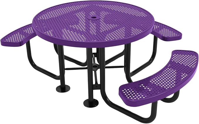 Heavy-Duty Portable Outdoor Picnic Table with Umbrella Hole, Punched Steel Patio Dining Furniture Made in America (46" Round Top, Purple)