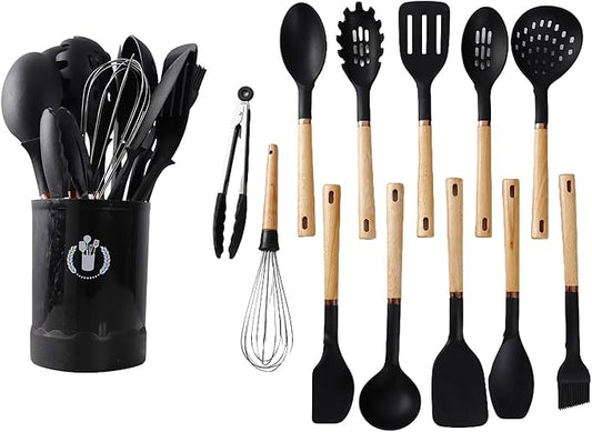 13-Piece silicone utensil set wood handle nonstick cookware safe dishwasher safe kitchen tools BPA free heat resistant (450°F/230°C) ceramic pan safe cooking gifts housewarming (Black)
