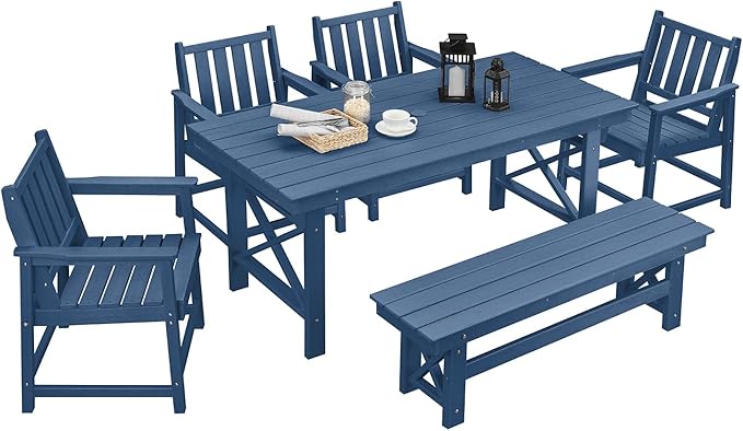 HDPE Outdoor Dining Set of 6, Patio Dining Table Set with 4 Chairs and 1 Bench, 6 Pieces HDPE Dining Set with Umbrella Hole, Outdoor Furniture Sets for Deck, Poolside, Garden, Navy
