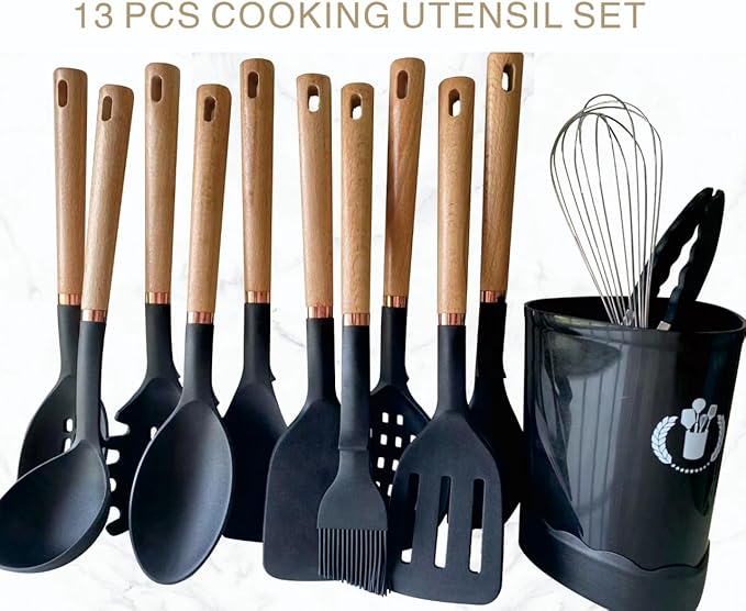 13-Piece silicone utensil set wood handle nonstick cookware safe dishwasher safe kitchen tools BPA free heat resistant (450°F/230°C) ceramic pan safe cooking gifts housewarming (Black)
