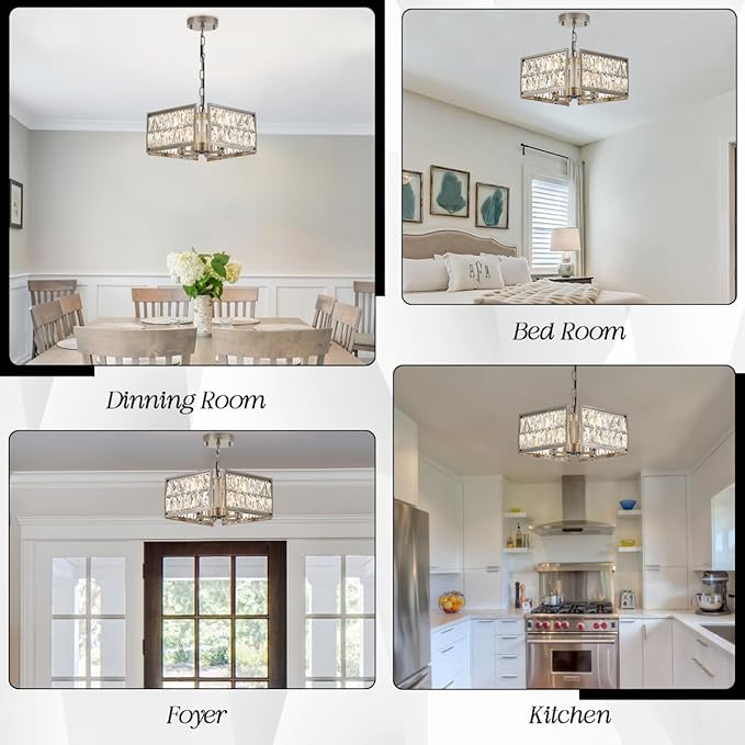 12” 4-Light Modern Crystal Chandeliers Nickel Dinning Room Light Fixture, Square Pendant Light Kitchen Island Chandelier, Flush Mount Ceiling Light for Living Room Entryway Bedroom Foyer