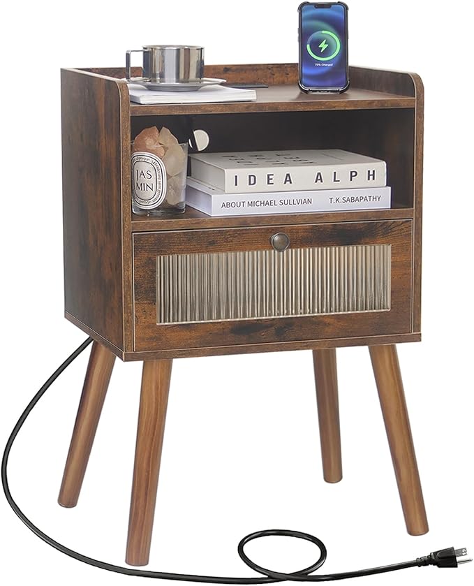 AWASEN Mid Century Night Stand with Charging Station, Wood Bedside Table with Glass Drawer, Small Modern Nightstand End Side Table with 2 Tiers Storage for Bedroom, Office(Rustic Brown)